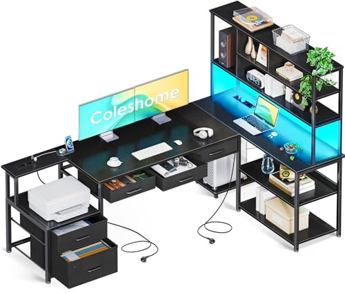 Coleshome Escritorio de Esquina con 5 Cajones y 4 Estantes, 200×110×154.2 cm Escritorio en L con Luz LED, Tomas de Corriente y USB, Mesa en L para Oficina en Casa, Negro
