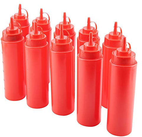 Bottiglie da Spremere per Condimenti, Bottiglie da Spremere per Salse con Ugello Stretto 720 Ml 10 Bottiglie da Spremere in Plastica PE per Olio Crema Aceto (rosso)