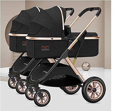 Twins-Cozy kompakter Zwillingskinderwagen, Doppelsitz-Tandem-Kinderwagen, Doppel-Kinderwagen mit Tandemsitz, Tandemschirm, Kinderwagen für Mädchen und Jungen (Nero)