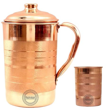 Brocca in rame puro con 1 bicchiere per i benefici per la salute ayurvedici Brocca per acqua in rame artigianale da 1,5 litri con 1 tazza