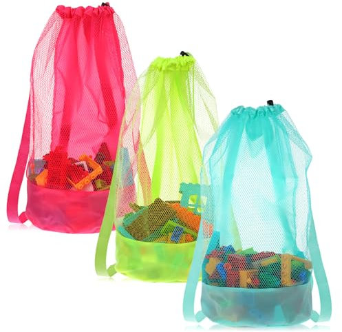Sandspielzeug Tasche 3 Stück, Netztasche Strandtasche Netz Große, Strandspielzeugtasche, Kordelzug-Sandspielzeugtaschen für Schwimmen, Strand, Pool, Urlaub Essentials für Kinder