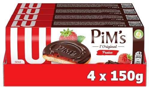 Lu Pim's - Génoise Moelleuse Fraise Nappée Chocolat Noir - 4x150g | 4 Boîtes de 150g | Génoise moelleuse à la confiture de fraise nappée de chocolat noir craquant | Idéal pour le goûter