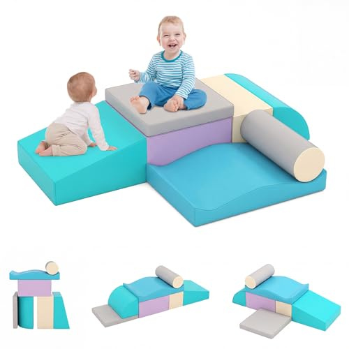 COSTWAY 7PCS Parcours Motricité Bébé en Mousse avec Housse en PU, Module Motricité Bébé avec Diverses Couleurs & Formes, Jouets Éducatifs pour Ramper Grimper, Nettoyage Facile, 18 Mois+, 110x80x25cm