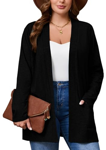 AusLook Women's Plus Size Lightweight Open Front Cardigan Black 3X Causal Long Sleeve Cover Ups Shrugs Tops Shawls and Wraps Kimono Jacket Coat