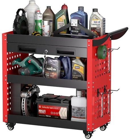 SUPEER Carrello da officina, carrello portautensili con ruote, 78x35x70 cm, con cassetto con serratura e pannello portaoggetti, 4 ganci, per officine, capacità di carico 150 kg (Rosso)