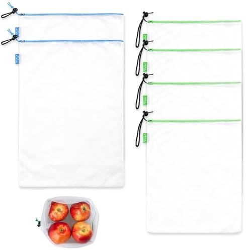 JIUCHAOTONG 6 Pcs Reusable Mesh Fruit Bags, Washable Mesh Bags, Meshes Drawstring Bag, See Through Meshes Produce Bag, for Fruit, Vegetable, Toys, Grocery (30×35cm, 30×43cm)