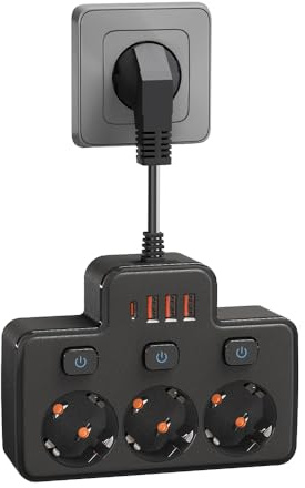 LEHOTPIA Regleta con USB, regleta múltiple de 3 enchufes con Interruptor Individual Regleta múltiple con 3 USB y 1 Tipo C (5 V, 2,1 A) para Cocina, salón y Dormitorio (Negro)