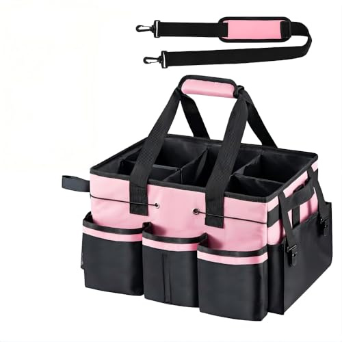 SKIKHN Cleaning Caddy Organizer with Handle, Large Multi-Compartment Cleaning Tote Bag 5 Internal Pockets, Oxford Cleaner Caddy Organizer with Adjustable Shoulder Strap for Cleaning Supplies, Garden