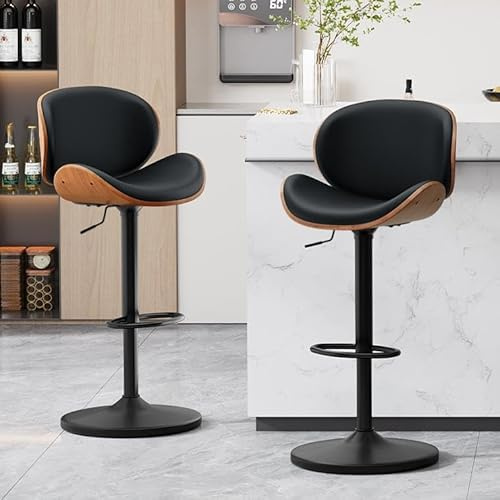 Ckaff Barhocker 2er Set, Barstuhl Höhenverstellbar aus Kunstleder & Massivholz, 360°Drehstuhl Küchenstuhl mit Rückenlehne und Fußstütze für Küche, Wohnzimmer, Esszimmer, Bar, Schwarz