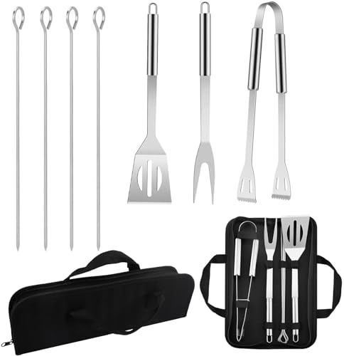 JUNJIEFU 7-teiliges Grillbesteck Set aus Edelstahl, BBQ-Grillzubehör | Das Set enthält Grillzange, Grillwender, Grillgabel und 4 Grillspieße in einer Aufbewahrungstasche – für Garten und Camping