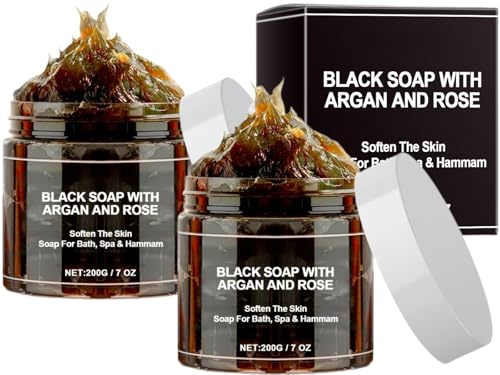 Marockansk svart tvål, 2 st Marocko tvål med argan och rosor, Marocko svart tvål, naturlig marockansk peeling duschgel, tvålar Neros kroppsskrubb tvålar, exfolierande svart tvål, 200 g