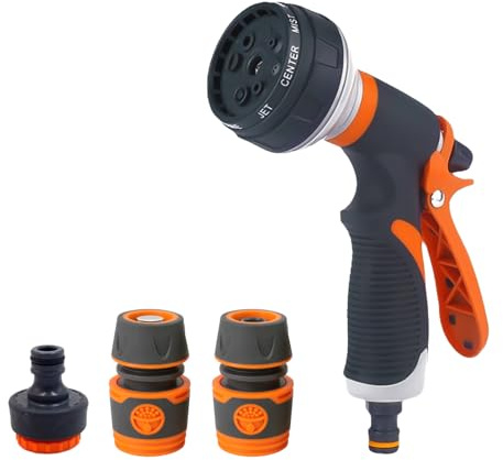 CHGANG Garden Hose Spray Gun, 8 Adjustable Patterns High-Pressure Hose Nozzle with Quick Connect Kit, Leak-Proof Hose Gun, Garden Hose Nozzle for Watering, Cleaning, Washing Cars