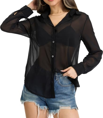 Eisnnu Blusas de Gasa Transparente para Mujer, Estilo clásico, Color Negro y Rosa, con Botones, Manga Larga, Cuello