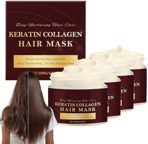 Keratin-kollagen hårmask för torrt, skadat hår, reparerande proteinkräm för kvinnor, färgbehandlad, glänsande, djupt närande balsam för frissigt, lockigt, delat hår (4 st)