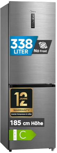 Midea 338L Kühlschrank mit gefrierfach,185cm, Dual Inverter System,No Frost | EEK C, 35dB, 171kWh/Jahr, 216L Kühlteil+122L Gefrierteil, Digital Control,Multi-Airflow, Super Cooling,180° flip shelf, Inox