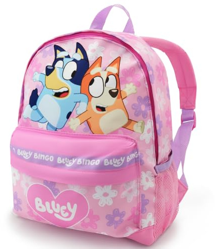 Bluey Mochila para niñas – Mochila lila para niños pequeños Bingo, estampado de corazón, bolsillo canguro y correas acolchadas – Mochila escolar para niños de 2 a 7 años – Producto oficial, Pink