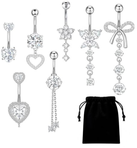 7Pcs Belly Button Bars, Silver Belly Bars Surgical Steel,14G Belly Piercing