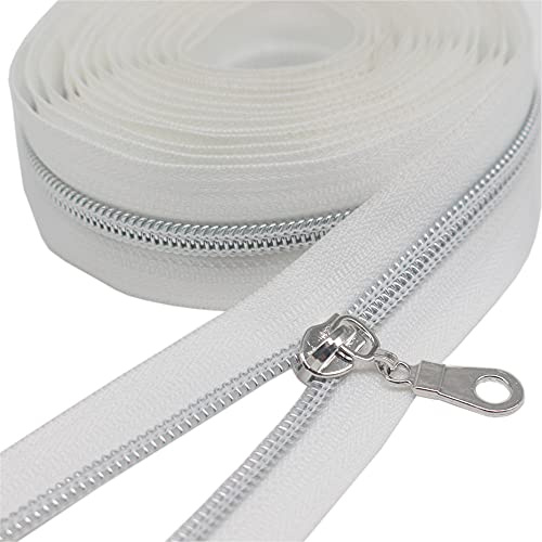 YaHoGa 9 m Silber endlos Reißverschluss Meterware 6mm-Spirale (Weiß) | endlos Reißverschluss Meterware reissverschluss 6mm-Spirale + 25 Nonlock-Zipper