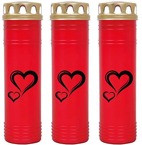 HS Candle Grabkerze - 3er Pack - (Rot) Grablicht ca. 7 Tage Brenndauer je Kerze - Motiv: Herz