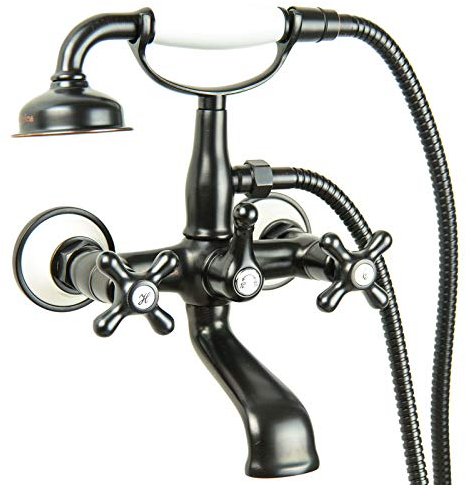 PaulGurkes schwarze Retro Wannenarmatur Nostalgie Zweigriffmischer Kreuzgriff Antik Vintage Aufputz schwarz Bad Armatur Handbrause 2-Wege Umsteller Wanneneinlauf 150cm Brauseschlauch Landhausstil
