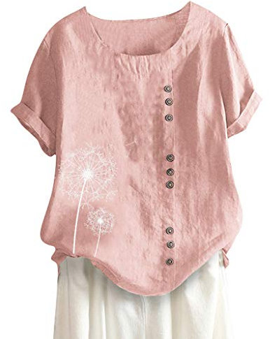 Lazzboy Women T-Shirt Tops Plus Size Loose Dandelion Print/Plain Short Sleeve Buttons Decor Short Sleeve Ladies Tee(3XL(20),Pink-Dandelion)