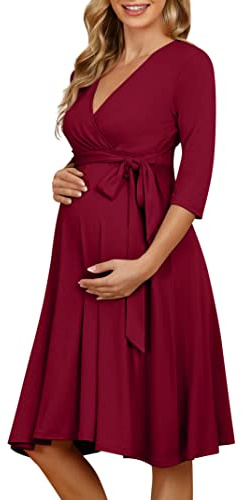 KOJOOIN Abito Premaman da Donna Abito Gravidanza Incinte Abito Allattamento Scollo a V Manica Lunga con Cintura in Vita Vino Rosso S