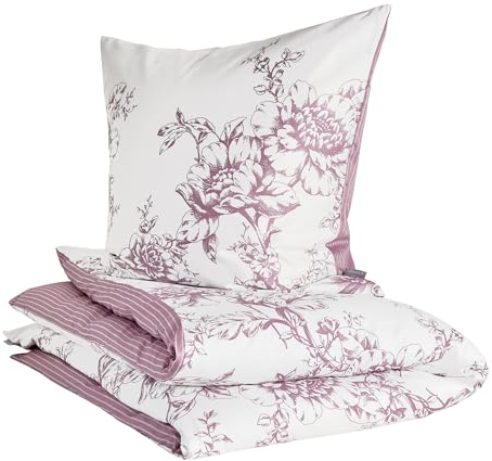 Zeitgeist Ibena Cholet Bettwäsche 135x200 cm – Baumwoll Bettwäsche-Set 2 TLG. Blumen und Streifen rosa weiß, mit Reißverschluss 1x 135x200 cm + 1x 80x80 cm