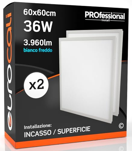 Eurocali Pannello LED 2in1 Incasso o Superficie 36W 3960 lumen 60x60cm - Luce Bianco Freddo 6500K - Installabile Senza Cornice o Supporto - Pacco da 2