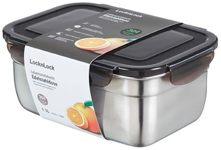 LocknLock - Tarro de acero inoxidable con tapa, 1,1 L, 188 x 135 x 75 mm, impermeable, sin BPA, apto para lavavajillas, congelador hasta -20 °C, caja de acero inoxidable con tapa