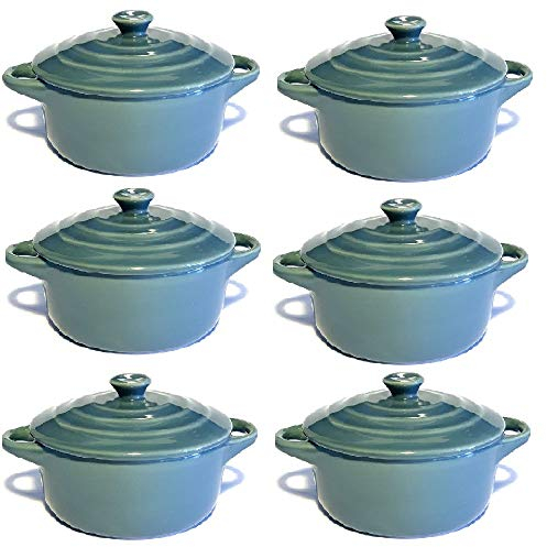 Hobby Tech Lot de 6 Mini Cocottes Grises Céramique Double Poignées avec Couvercle 13,5cm x 8cm Contenance Moule 200ml Ramequin Résistant Haute Température Four pour Petits Plats (Grise, Lot de 6)