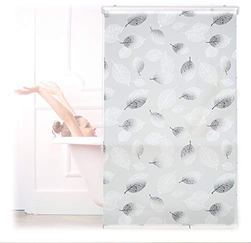 Relaxdays Duschrollo, 100 x 240 cm, Blatt Muster, Seilzug, flexible Montage, Duschvorhang für Badewanne, schwarz-weiß