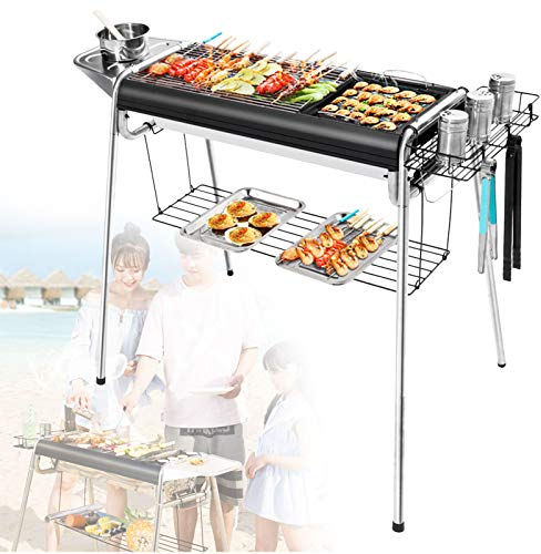 0℃ Outdoor Holzkohlegrill Grillwagen Standgrilll Edelstahl, Kohlegrill Portable Campinggrill Abnehmbare BBQ Grills für 5-15 Personen, Picknick, Camping und Party, Einfache Reinigung,C