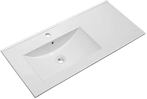 baanio - Lavabo Encimera Cerámico Blanco | Seno DESPLAZADO Izquierda Rectangular | Pila Lavamanos 101x46 cm | Compatible con Mueble de Baño 100x45 cm, con Rebosadero, con Orificio Grifo