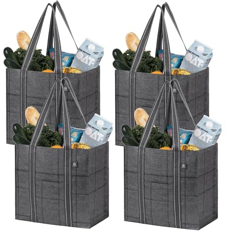 VENO 4 Pezzi Borsa per la spesa pieghevole con fondo rigido, tasca anteriore, borse spesa riutilizzabili, borsa shopper multiuso, borsa da spiaggia per shopping, vacanze, picnic (Nero Finestra, 4 Pz.)