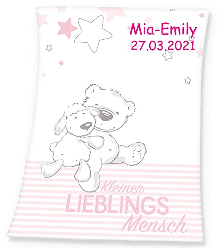 SL-Store Gbr Babydecke mit Namen Bestickt Decke 75x100 cm Geschenk zur Taufe zur Geburt Kinderdecke Drache Bär Schmetterling Hase (Lieblingsmensch rosa)
