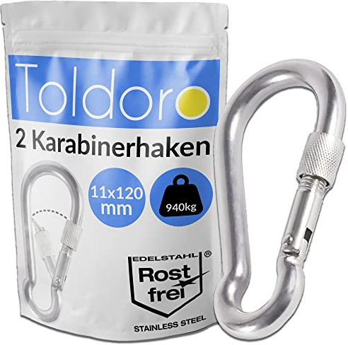 Toldoro® 2X Edelstahl Karabiner mit Schraubverschluss 120mm Rostfrei - NIRO AISI 316 V4A / Karabinerhaken Klein für Schaukel, Hängematte oder Sonnensegel/Schraubkarabiner, Bruchlast 1000kg