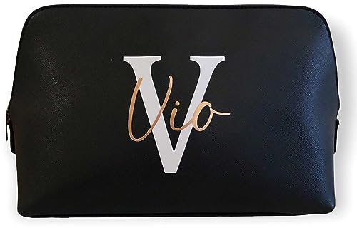 Kosmetiktasche personalisiert Initial + Name, Schminktasche, Kulturtasche für Damen, Geschenk Frauen Geburtstag Weihnachten Schminke Beauty Make-Up (groß, schwarz)