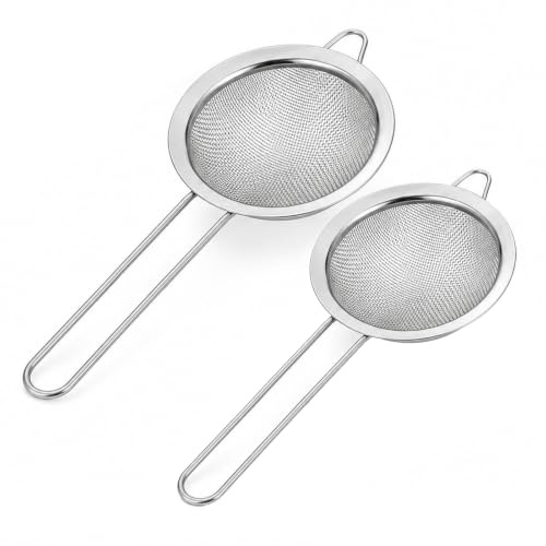 Tea Strainers Set Fine Mesh Sieve with Long Handle Kitchen Colander Filter No Sharp Edges Small Medium Large Sizes for Tea Coffee Powder (2 x Stainless Steel Strainers)