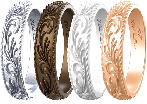 Zollen Silicone Wedding Rings for Women 4 Packs -Metallic Stackable Silicone Rubber Wedding Bands - Innovative Vine Collection, Size 7