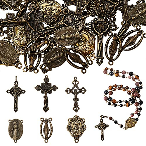 BEEFLYING Kreuzanhänger im tibetischen Stil Katholischer Rosenkranz Jesus Jungfrau Oval Links Anhänger für DIY-Schmuckherstellung Bastelbedarf