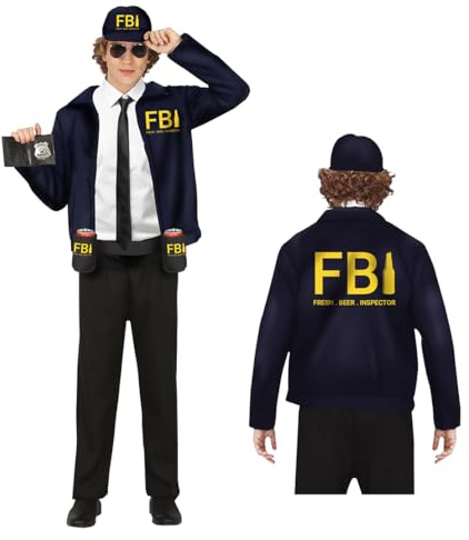 FIESTAS GUIRCA Disfraz Divertido FBI Cervecero - Fresh Beer Inspector con Gorra FBI, Chaqueta Policía y Cinturón con Sujeta Cervezas para Hombre Adulto Talla M 48-50