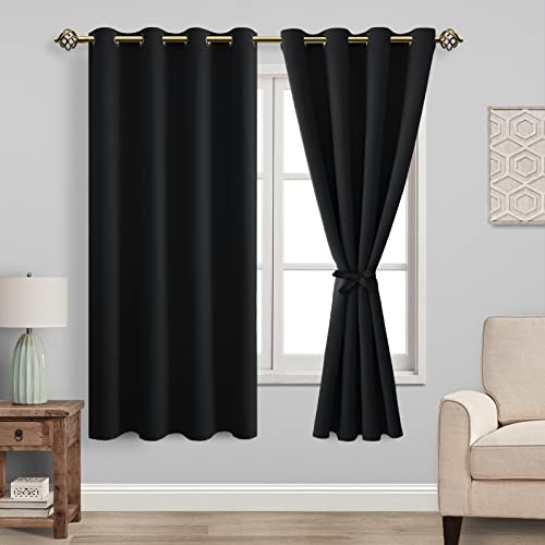 JIUZHEN Lichtundurchlässige Vorhänge Ösen Thermogardinen 137x132cm(HxB) | 2er Set Schwarz Gardinen Blickdicht mit Raffhalter Verdunklungsvorhang Wärmeisolierend für Kinderzimmer Wohnzimmer UV-Schutz