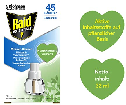 Raid Essentials Mücken-Stecker 45 Nächte Nachfüller, Elektrischer Insekten-Schutz vor Mücken & Tigermücken, 6er Pack (6 x 32 ml)