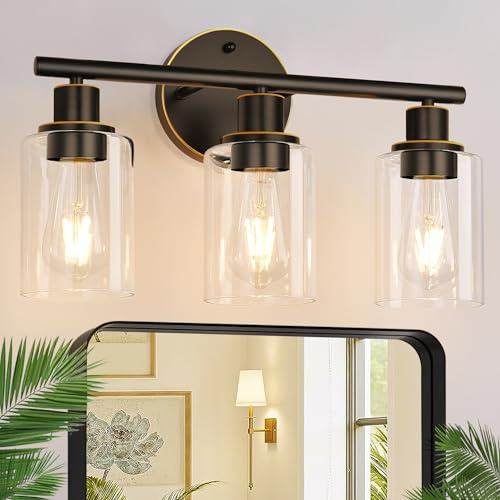 Zarbitta 3-Light Bathroom Light Fixtures, Brown and Gold Bathroom Wall Lights, Modern Vanity Light with Clear Glass Shade, Bathroom Wall Lamp for Mirror Hallway Cabinet