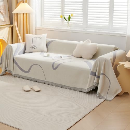 VanderHOME Sofaüberzug Sofa Handtuch Dekoration All-Season Universal Gewebte Quaste Überwurf Sofa Abstrakte Geometrische Linien Multifunktionale weiche Decke Sofakissen Handtuch 180 * 130cm Hellgrau