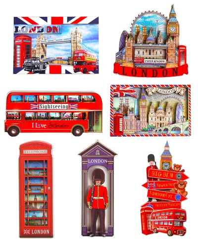 Set of 7 Wooden Magnets for Refrigerator London England Famous Icons Pictures Wooden Fridge Magnets