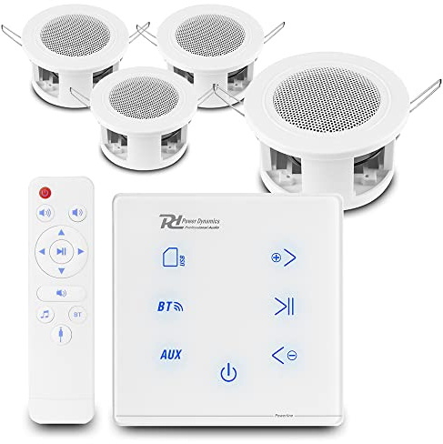 Power Dynamics Bluetooth Ceiling Speakers Kit - Powerline A50W In-Wall Amplifier with 4x Ultra Compact CSBA3L Home Ceiling Speaker System & Remote Control Wireless Audio for Kitchens & Homes