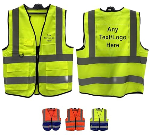 PB TECH Personalised Printed Reflective Hi-Viz Vest, High Visibility hi viz Reflective Vest, Custom Logo Class 2 hi vis Zipper With Phone ANd ID Pockets (Yellow, L)