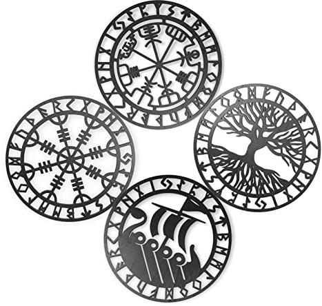 4 stycken vikingaväggdekoration i trä, svart, vikingadekoration, 30 cm nordisk mytologi runor, symbol för väggkonst, väggskulpturer, vikingadekoration för vardagsrum, sovrum, kontor, trädgård, hem