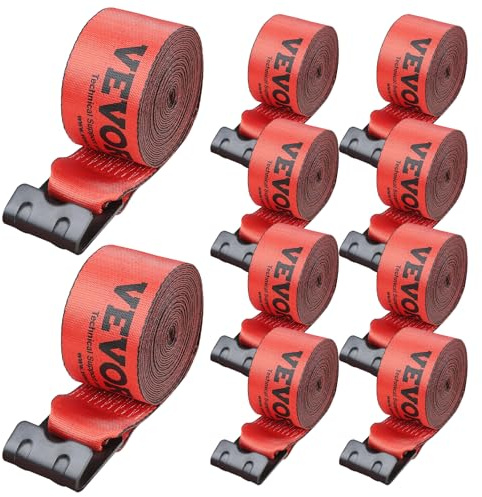 VEVOR Sangle de Treuil 10,2 cm x 9,1 m Lot de 10 Capacité de Charge 2,7 T Résistance Rupture 8,2 T Sangles de Camion avec Crochet Plat, Contrôle de Chargement pour Remorques, Fermes, Sauvetages, Rouge